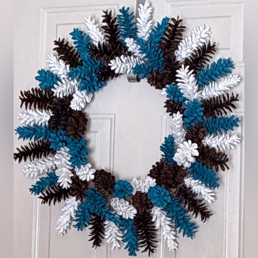 Elegant Holiday Pinecone Wreath - Teal, White, and Brown